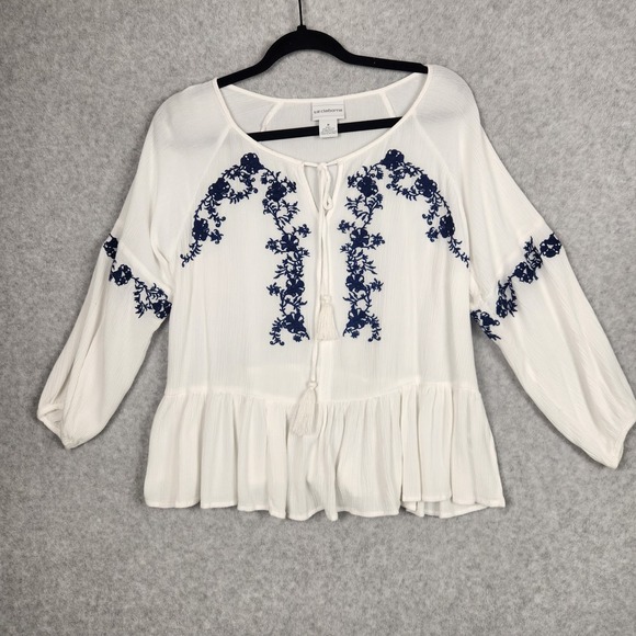 Liz Claiborne Tops - Liz Claiborne Blouse Womens Medium White Blue Embroidered Peasant Boho Top Rayon